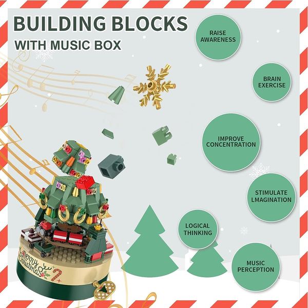 FLIPNEX Christmas Tree Building Kits for Kids DIY Building Block Music Box Xmas Tree Snow Boots Gingerbread House Snowman Educational Learning Science Building 8+ Year Old (Christmas Tree Music Box)