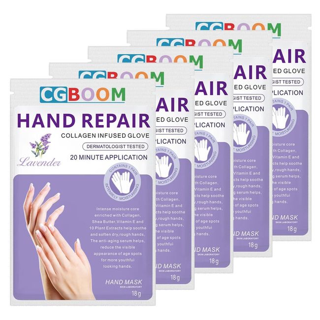 CGBOOM 5 Pairs Hand Masks Moisturizing Gloves, Hand Skin Repair Renew Mask Infused Collagen, Vitamins + Natural Plant Extracts for Dry, Aging, Cracked Hands (Lavender)