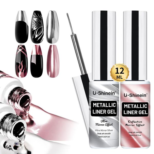 U-Shinein 2 X 12 ml Metallic Painting Gel Liner, Super Silver & Rose Gold Metal Painting Gel, Strong Mirror Reflection Nail Art Paint, Nail Liner Gel UV Nail Gel con Build in Thin Brush