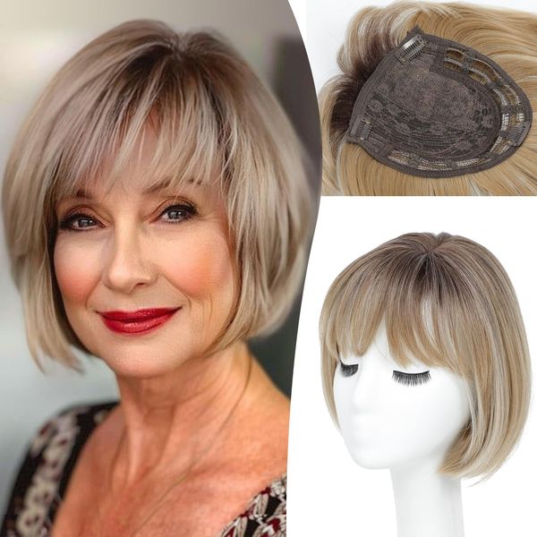 UDU Hair Topper Hair toppers for Women Toppers Hair Pieces for Women Short Bob Hair Toppers with Bangs Side Part Hair Toppers for Women with Thinning Hair Synthetic Wig Toppers for Thinning Hair