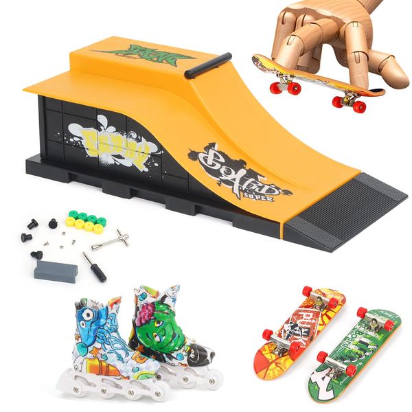 Aolieh Fingerboard Ramp Set, Finger Skateboard Park Kit with 2 Skateboard 1 Rollerskate, Customisable and Buildable Ramp Set, Kids Toy for Boys and Girls Ages 6 and up (1810-6E)