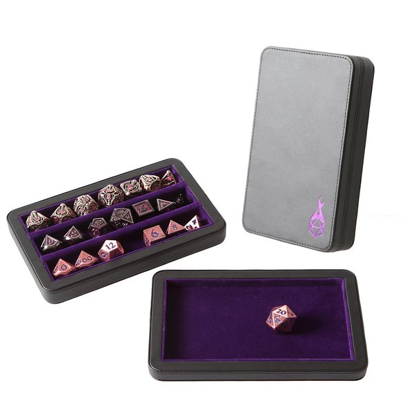 Forged Dice Co. Premium 3-Row Dice Case - Combination Dice Box and Dice Tray - Protects Polyhedral Dice Sets - Felt-Lined Storage Rows - Magnetic Lid Closure - Perfect Metal Dice Storage Box - Purple