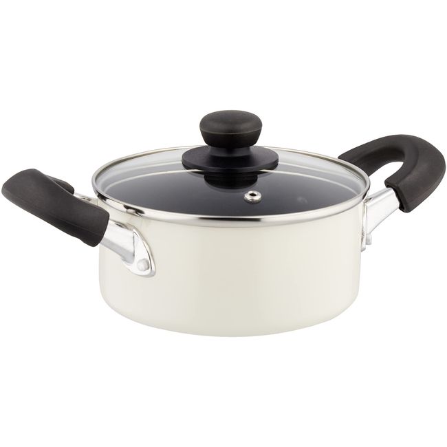 Pearl Metal HB-4403 Double Handed Pot, 6.3 inches (16 cm), Induction Compatible, Fluorine Processed, Glass Lid Included, White, Just Size