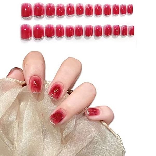 Fuyunohi Nail Tips Short False Nails Nail Set False Nails 24 Piece Set Nail Tips Stickers Pink Glitter Nail Adhesive Gummy Short Korean Spring Stylish Cute Coming of Age Ceremony Wedding Graduation Ceremony Double-Sided Tape