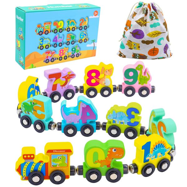 Humerry Dinosaur Toys for Kids 2-4, Wooden Magnetic Train Set, 11 PCS Number Trains Learning Activities for Kids, Birthday Gifts Infant Development Toys for Boys Girls