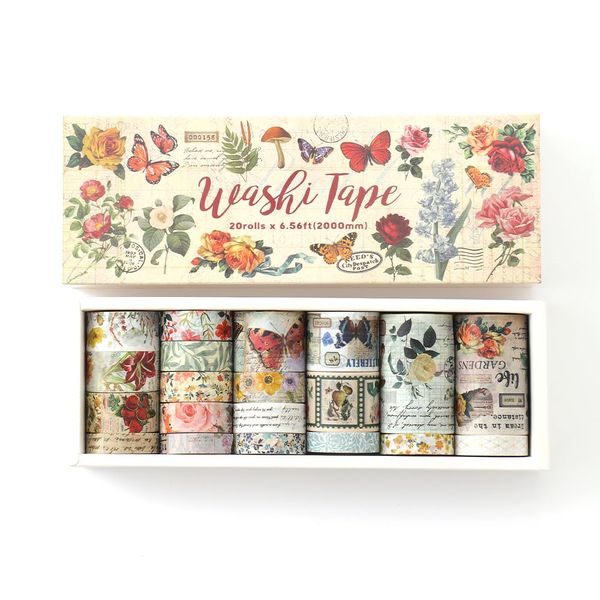 Nhgkju Washi Tape Set 20 Rollen, Vintage Pflanze dekoratives Abdeckband, selbstklebende Kunstbänder für Journaling, Scrapbooking Zubehör, DIY Basteln, Junk Journal, Schulbedarf