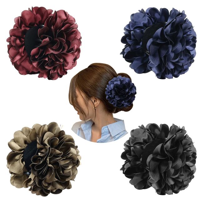 Cinaci 4 Stück schwarze Kunststoff-Haarklammern mit großer großer Satin-Blume, Schleife, Haarspangen, Klammern, Pferdeschwanz, Dutt, Chignon-Halter, Haarschmuck für Frauen und Mädchen