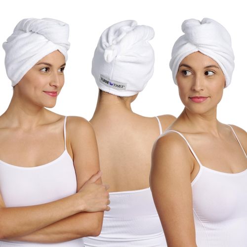 Turbie Twist 100% Cotton Hair Towel Wrap - for Women, Men & Kids - Travel & Bathroom Essential - Quick Dry Hair Turban for Curly, Long & Thick Hair - 1 Polka Dot, 1 Stripe & 1 Heart Pattern - White