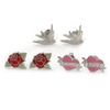 PINK COOKIE IN PURSE Swallow Rose Heart Stud Earring Set/Silver Tone