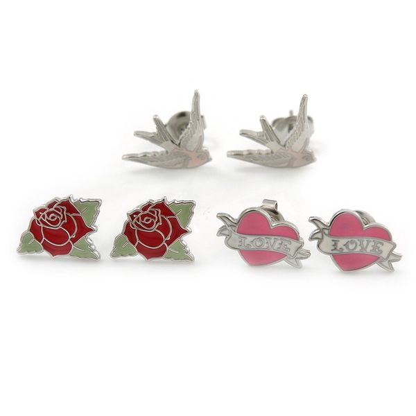 PINK COOKIE IN PURSE Swallow Rose Heart Stud Earring Set/Silver Tone