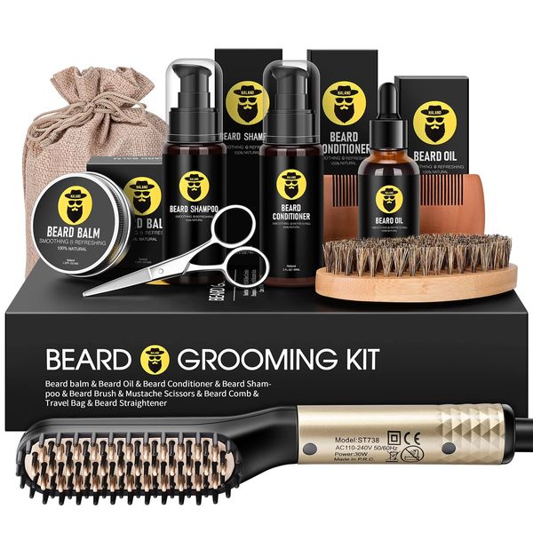 Beard Straightener Kit, Beard Growth Grooming Kit, Beard Straightener, Beard Growth Oil, Beard Wash Shampoo, Conditioner, Balm, Wax, Comb, Brush, Scissor, Bag, Gifts for Men Him Dad Boyfriend