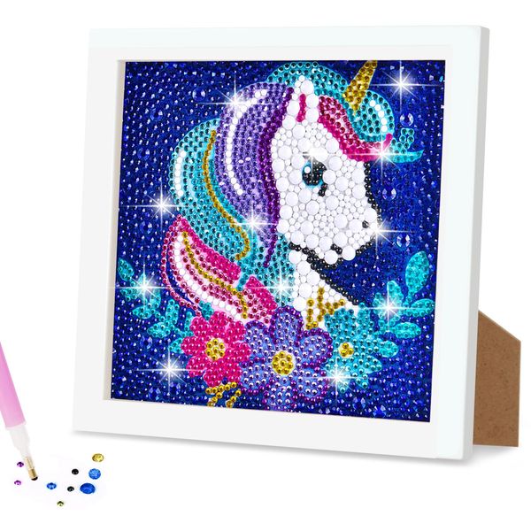 AUAUY Diamond Painting Kinder mit Holzrahmen, 5D DIY Diamond Painting Set, Malen Nach Zahlen Diamant Painting Kinder Mädchen Erwachsene,Diamant Painting Bilder Arts Craft für Home Wand Decor (Einhorn)