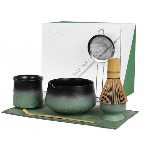 ZENS Matcha Whisk Set, 7pcs Matcha Kit Set with Ceramic Bowl and Matcha Cup, Bamboo Whisk & (Chasen Holder) Sifter, Scoop -Tea Towel, Japanese Chawan for Matcha-Making, Sage Green