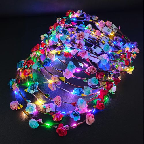 12 Pack LED Flower Headband Crown, Halloween Glow in The Dark Party Supplies Wreath Headdress for Kids Girls Women Hair Accessories, LED Light Up Party Favors Dress Up Wedding Birthday Christmas