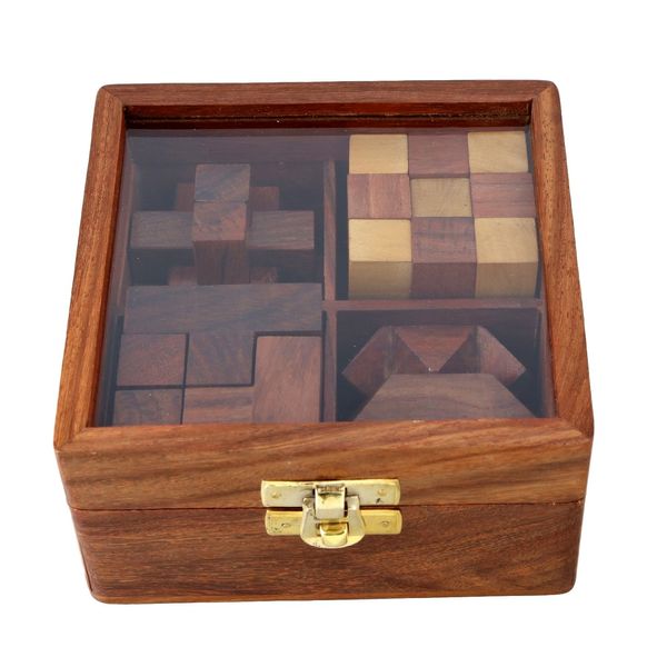 Ajuny Wooden Puzzle Games Box Set - Challenging Brain Teasers 3D Puzzles for Teens and Adults with Decorative Storage Box Glass Lid Interlocking Games for IQ Test Handcrafted Game Gifts