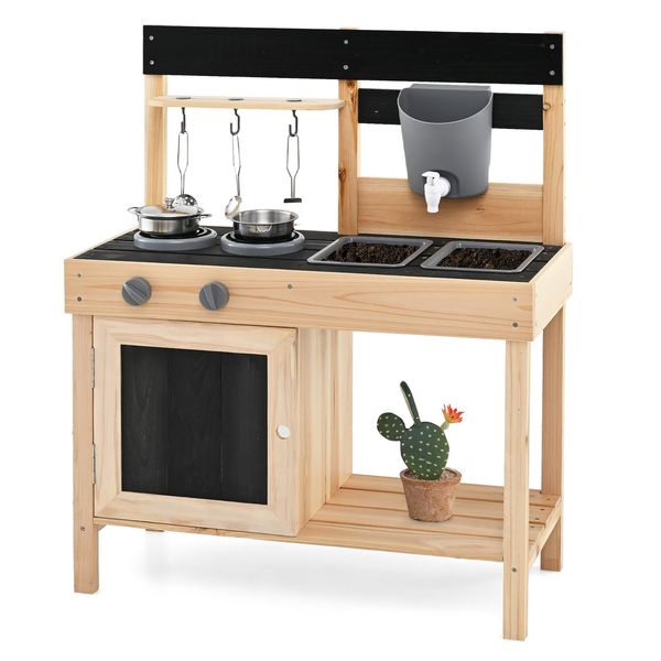 Mud Kitchen Playset Outdoor Kids Pretend Play Kitchen w/2 Removable Sinks