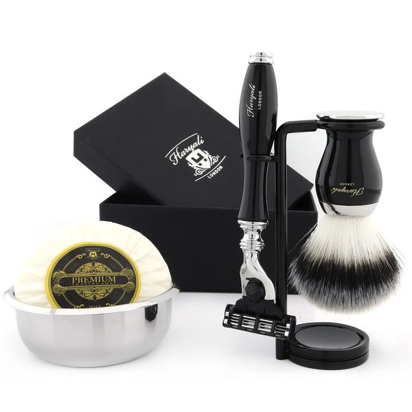 Haryali London Shaving Kit – 5 Pc Shaving Kit – 3 Edge Shaving Blade Shaving Razor - Synthetic Hair Shaving Brush – Shaving Soap – Shaving Bowl – Shaving Stand – Black Color Shaving Set as Gift