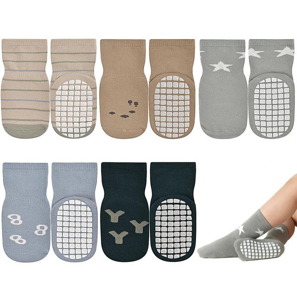 JAKIDAR Toddler Socks Baby Socks Non Slip, Cute Girls Boys Socks with Grips Crew Socks Cotton, 5 Pairs Mix Colors 1-3T