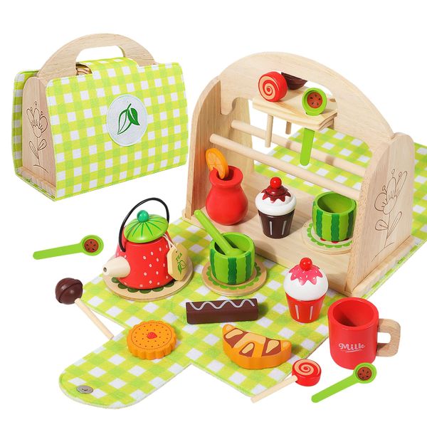 edutree Wooden Tea Party Set for Little Girls with Handbag, Pretend Play Food Toys Kitchen Accessories Playset for Kids Toddlers 2 3 4 5