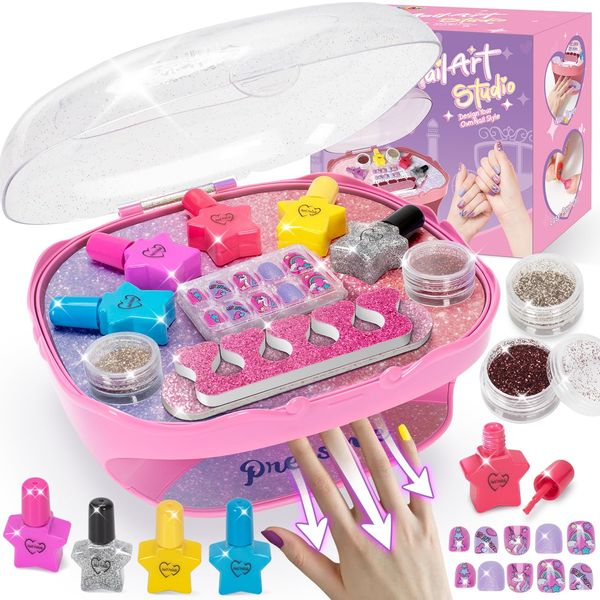 Girls Nail Polish Set, Toys for Girls Age 5 6 7 8 9 10, Nail Care Kit with Nail Polish, Nail Dryer, Fake Nails, nail Glitter, Nail Filer and Toe Separator, Ideal Birthday Gifts for Girls 5-8