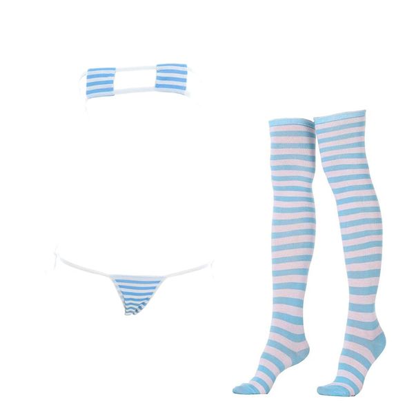 SINROYEE Sexy Lingerie Set for Women Japanese Anime Bikini Swimsuit Stripe with Striped Thigh High Socks, Blue Striped Square Bikini, One Size