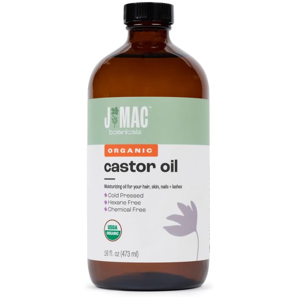 J MAC BOTANICALS Organic Castor Oil Cold Pressed (Glass Bottle, 16 oz), pure castor oil, hexane free, castor oil for face, skin, castor oil for eyelashes, cold pressed organic castor oil