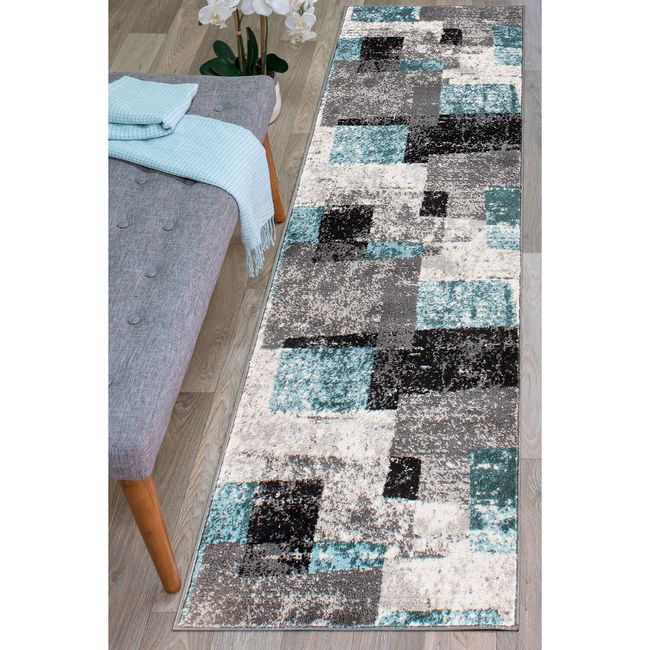 Rugshop Carpet Rug Runner Contemporary Abstract Boxes Blue Rugs Bedroom Rugs 2x7