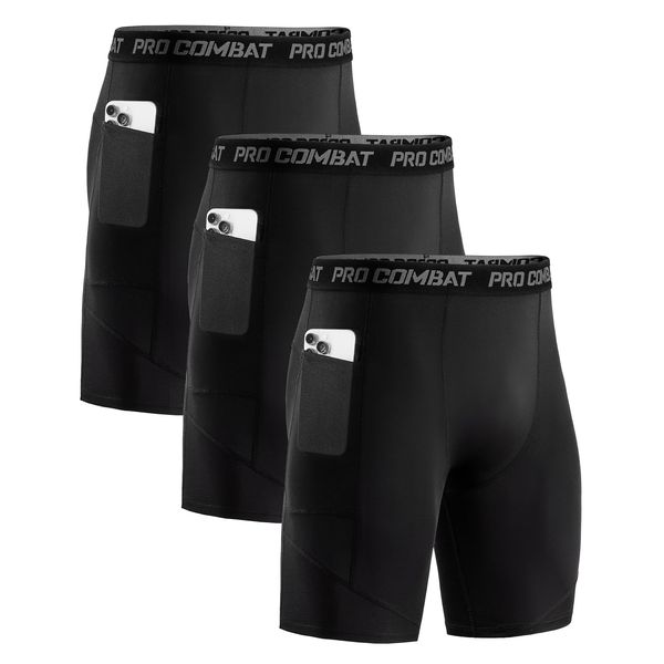 Niksa 3 Pack Herren Kompressionsshorts, Sport Unterhosen Männer Schnelltrocknendes Laufunterwäsche, Atmungsaktiv Laufhose Herren Kurz mit Handytasche, Schwarz, XXL