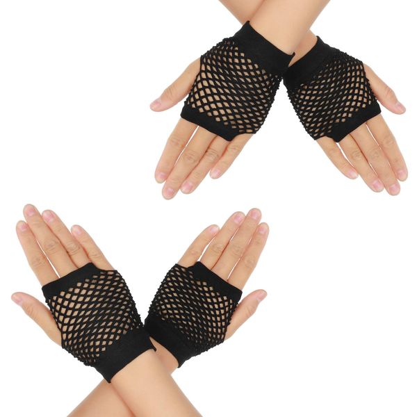 DIVINA VITAE 2 Pairs Black Fingerless Mesh Gloves Women 80s Short Stretch Fishnet Gloves Retro Nylon Fish Net Fingerless Gloves for 80's Theme Party Halloween Cosplay Women Costume Accessories