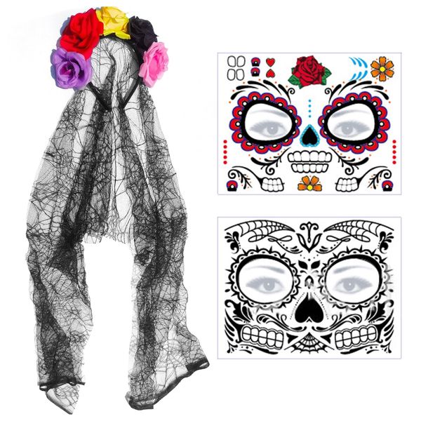 Halloween Tag der Toten Haarreif und Schleier Halloween Gesicht Tattoos, Mexikanische Stirnband Rosen Totenkopf Haarreif Halloween Kopfschmuck Haarband Frauen Damen Halloween Kostüm Accessoires