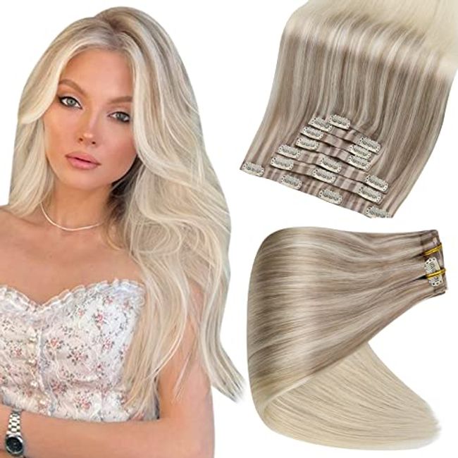 Full Shine 16 inch Seamless Clip in Hair Extension Human Hair Extensions Clip in Straight Platinum Blonde Remy Hair Extensons 8 Pcs 100g, White