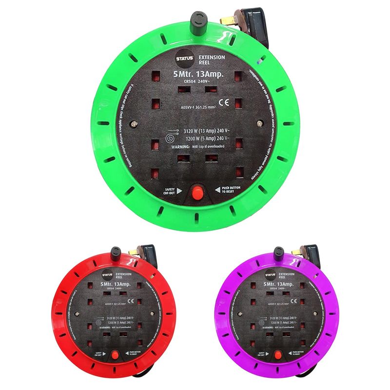 4 Socket Extension Lead Reel, 5m,13A, 240V, Large Power Strip Extension ...