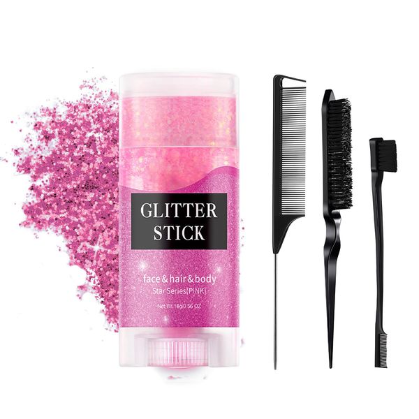 Sparkling Glitter Stick, Sweatproof Hair Glitter Gel, Instant Adhesion Pink Body Glitter Pocekt Size Pink Face Glitter for Kids Women 0.56 Oz.(Pink)