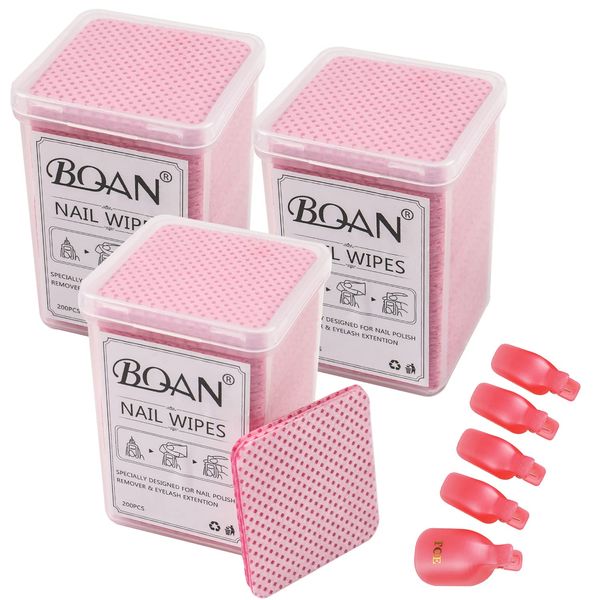 600 PCS Lint Free Nail Wipes, BQAN Nail Polish Remover Pads Pink For lash extensions & Nail Polish Bottle With 5PCS Nail Soak Off Clips (Pink)