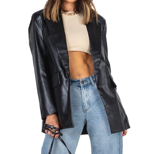 Pepochic Womens Oversized Leather Jacket Long Sleeve Faux Leather Blazer Lapel Button Down Leather Shacket Coat with Pockets