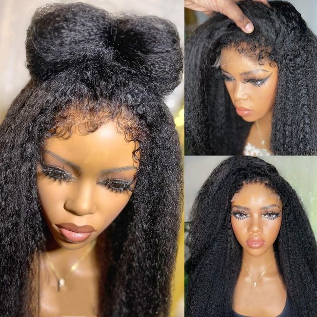 180% Density Pre Cut 6x6 HD Lace Closure Wigs 4C Kinky Curly Edges Hairline Wear and Go Glueless Wig Kinky Straight Lace Front Wigs Real No Glue Wig (18 inch, Glueless 6X6 HD lace 4C Edges Wig)