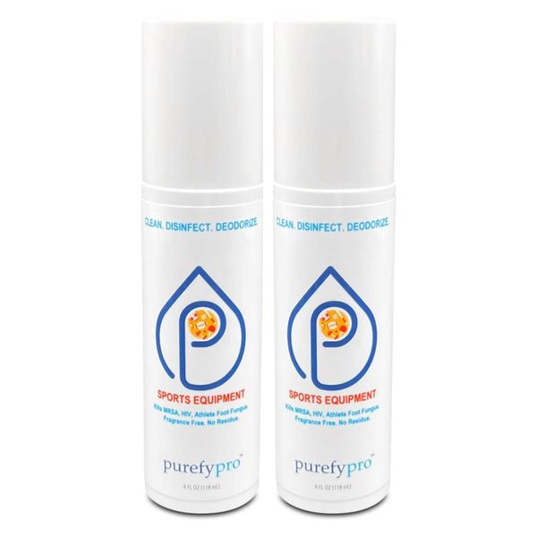 Purefypro Sports Equipment Disinfectant Spray - (4oz, 2pk) Kills 99.9999% MRSA, HIV, Athlete Foot Fungus, Virus and Fungi. No Rinse, No Residue. Sports Pads, Yoga Mats, Shoes, Boxing Gloves Euipment