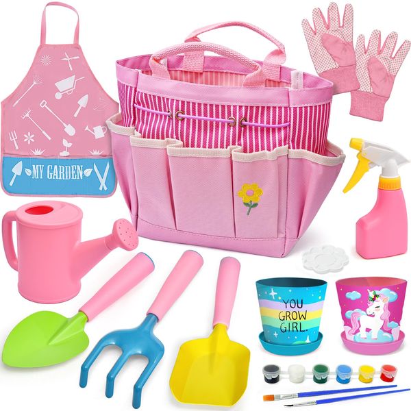 Mjzwbf Kids Gardening Tools Set Outdoor Toys Garden STEM Tote Bag Trowel Shovel Hand Rake Watering Can Plant Pots Sprayer Gloves Apron Painting Gift for Boy Girls Toddler