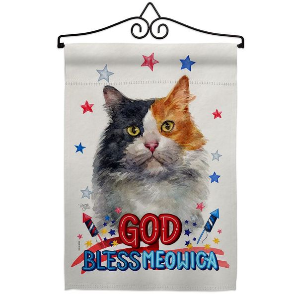 Breeze Decor Patriotic Long Hair Dilute Calico Garden Flag-Set Wall Hanger Cat Kitten Meow Spoiled Paw Fur Pet Nature Farm Animal Creature House Banner Small Yard Gift Double-Sided, Made in USA