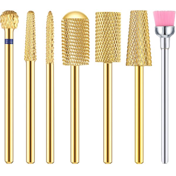 7 Pieces Nail Drill Bit Set, Tungsten Carbide Drill Bit Set, Cuticle Drill Bits Nail Bits for Nail Drill 3/32 Inch for Nail Bit Manicure Pedicure (Gold)