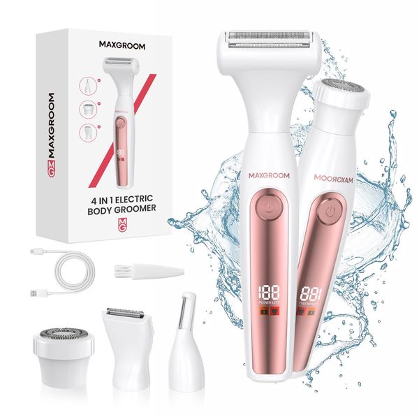 MAXGROOM Intimrasierer für Frauen,4-in-1 Elektrischer Körperrasierer Damen,Nass-Trocken Bikini Trimmer,Körperhaartrimmer für Augenbrauen,Gesicht, Intimbereich,Akku Elektrorasierer mit LED