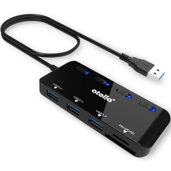 atolla SD Card Reader, USB3.0 Card Reader, USB Hub, 5-in-1, USB3.0 Port+SD&TF/TF Card Reader, Simultaneous Read and Write [microSDXC/microSD/SD/SD/SDHC/SDXC/RS-MMC] UHS-I Card, Power Switch Included, 60cm Cable, USB SD Converter Adapter, Compatible with W