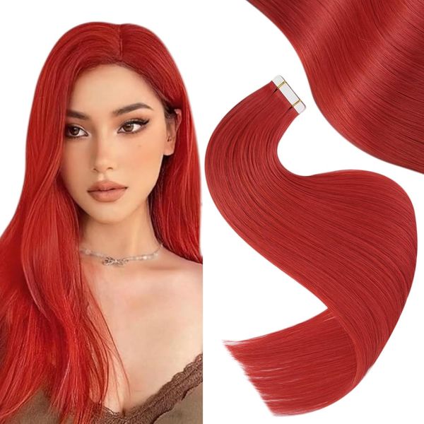 Easyouth Tape in Extensions Echthaar Extensions Tape in Echthaar 40 cm 25g Farbe Rot Double Sides Tape in Extensions #Red