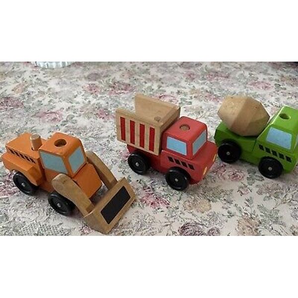 3 Melissa & Doug Wood Stacking Vehicles Cement Mixer, Dump Truck, Front Loader