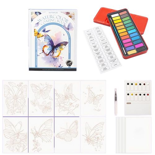 5x7'' Portable Watercolor Coloring Book for Adults DIY Stress Relief Foldable Watercolor Painting Book with 24-Color Solid Watercolor Paint Set Butterfly Watercolor Painting Pad