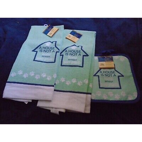 2 Kitchen Towels 2 Potholders A House is not a Home Without Pawprints, New w/tag