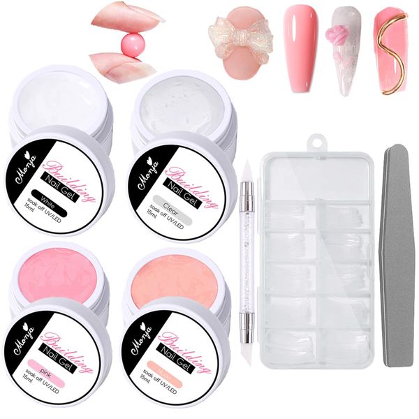 TEEROVA Solid Nail Extension Builder Gel Set, 4 Colors Non-Sticky Hand Nail Extension Solid Builder Gel with Nail Tools, Nail Art Hard Gel for Nails Sculpting Manicure 3D Modeling