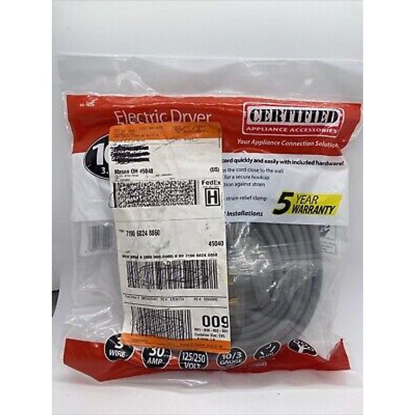 Certified Appliance Accessories 90-1028 Electric Dryer Cord 10ft 30A 125/250V