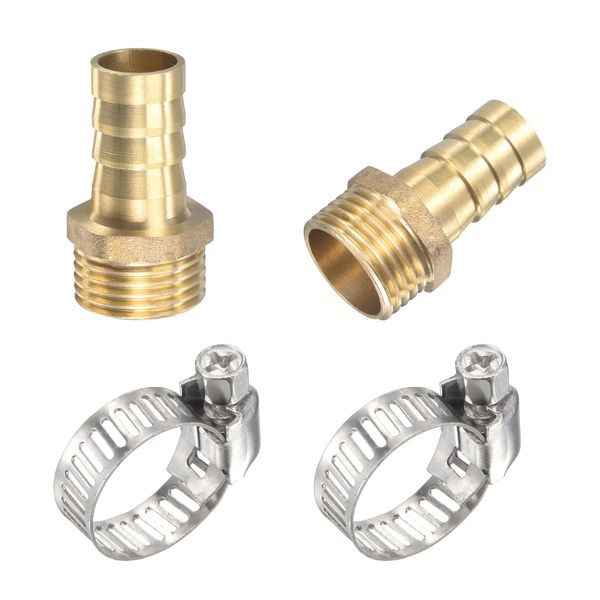 uxcell Brass Hose Barb Fitting Straight 14mm x G1/2 Male Thread Pipe Connector with Stainless Steel Hose Clamps 2 Pack