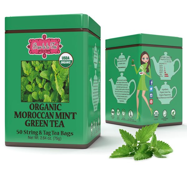 Brew La La Organic Green Tea - Moroccan Mint Flavor - 50 Double Chambered Tea Bags - Low Caffeine Gourmet Tea - Certified Organic